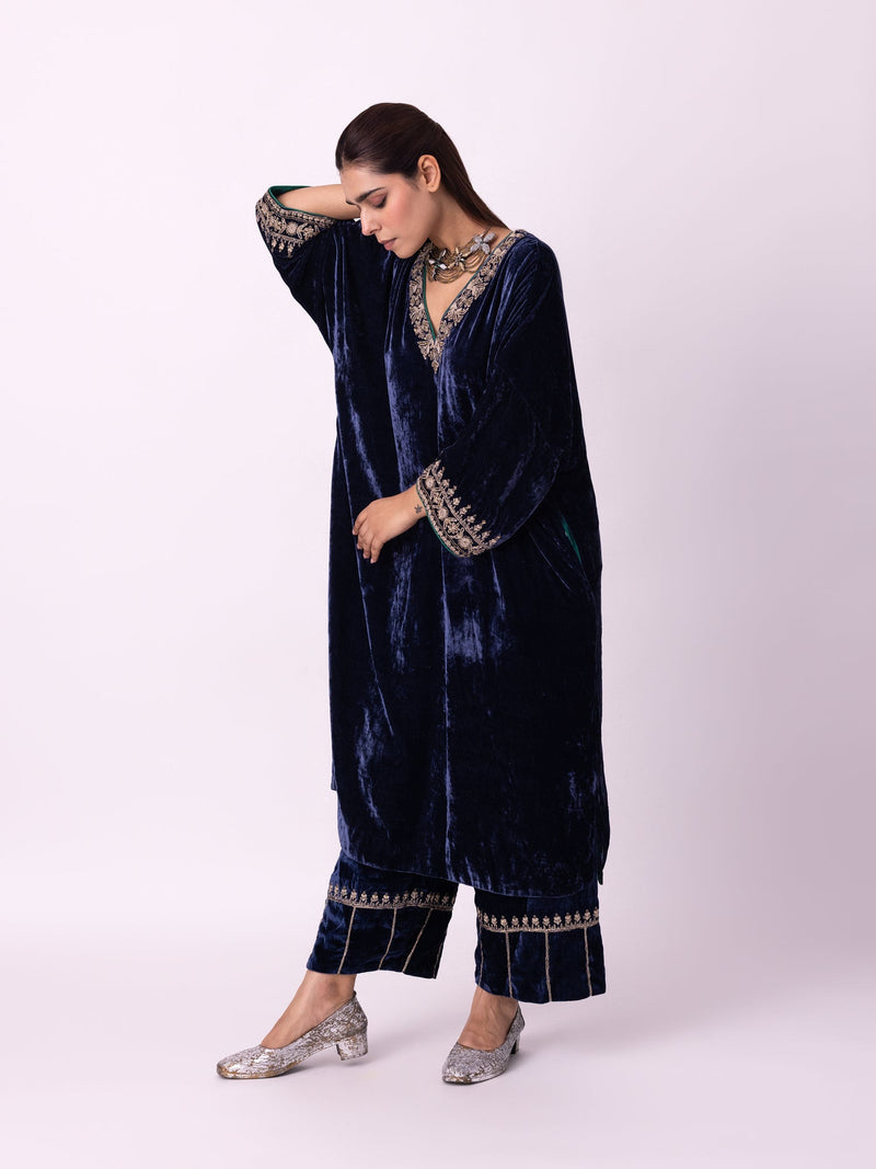 Nawaz Kaftan silk velvet indo-western by Shades of India in blue for women in Singapore