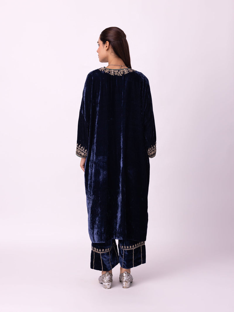 Nawaz Kaftan silk velvet indo-western by Shades of India in blue for women in Singapore