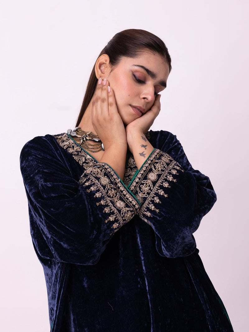 Nawaz Kaftan silk velvet indo-western by Shades of India in blue for women in Singapore