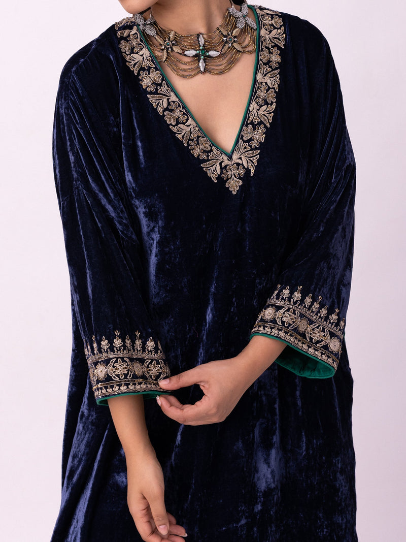 Nawaz Kaftan silk velvet indo-western by Shades of India in blue for women in Singapore