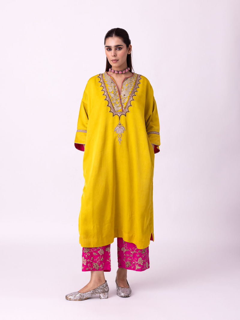 Sadri Kaftan linen blend indo-western by Shades of India in yellow for women in Singapore