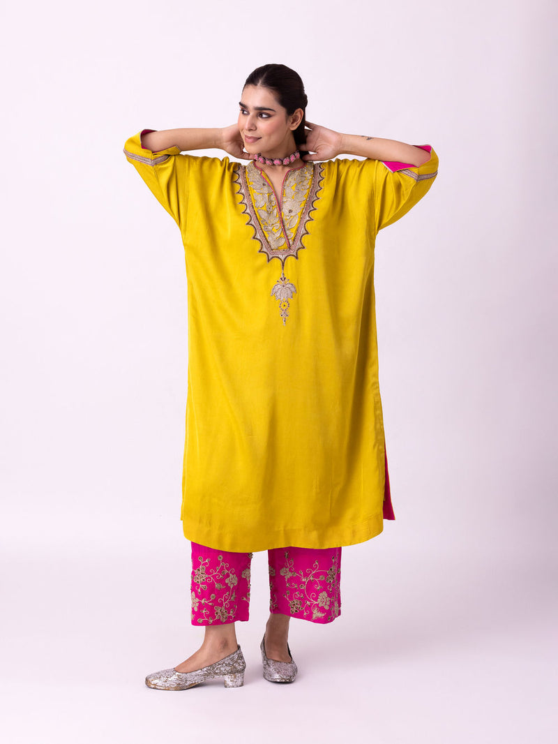 Sadri Kaftan linen blend indo-western by Shades of India in yellow for women in Singapore