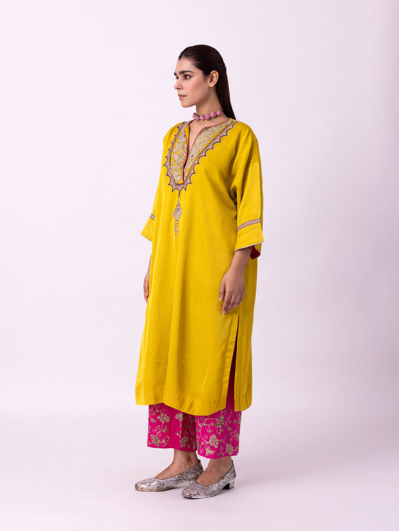 Sadri Kaftan linen blend indo-western by Shades of India in yellow for women in Singapore