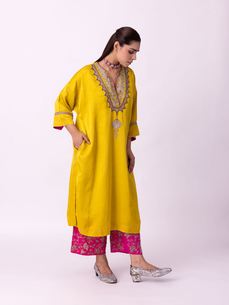 Sadri Kaftan linen blend indo-western by Shades of India in yellow for women in Singapore