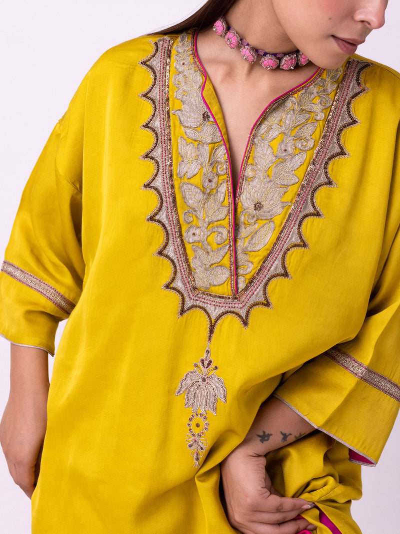 Sadri Kaftan linen blend indo-western by Shades of India in yellow for women in Singapore