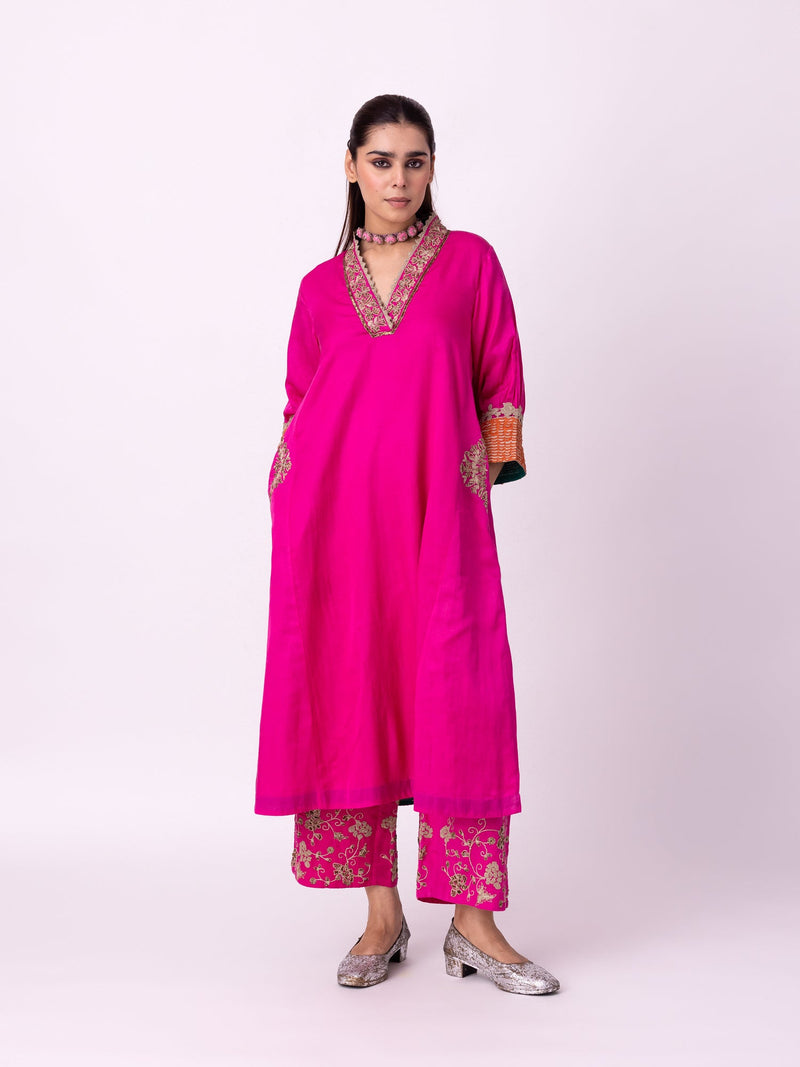 Dogri Kurta silk cotton satin kurta/kurta set by Shades of India in pink for women in Singapore