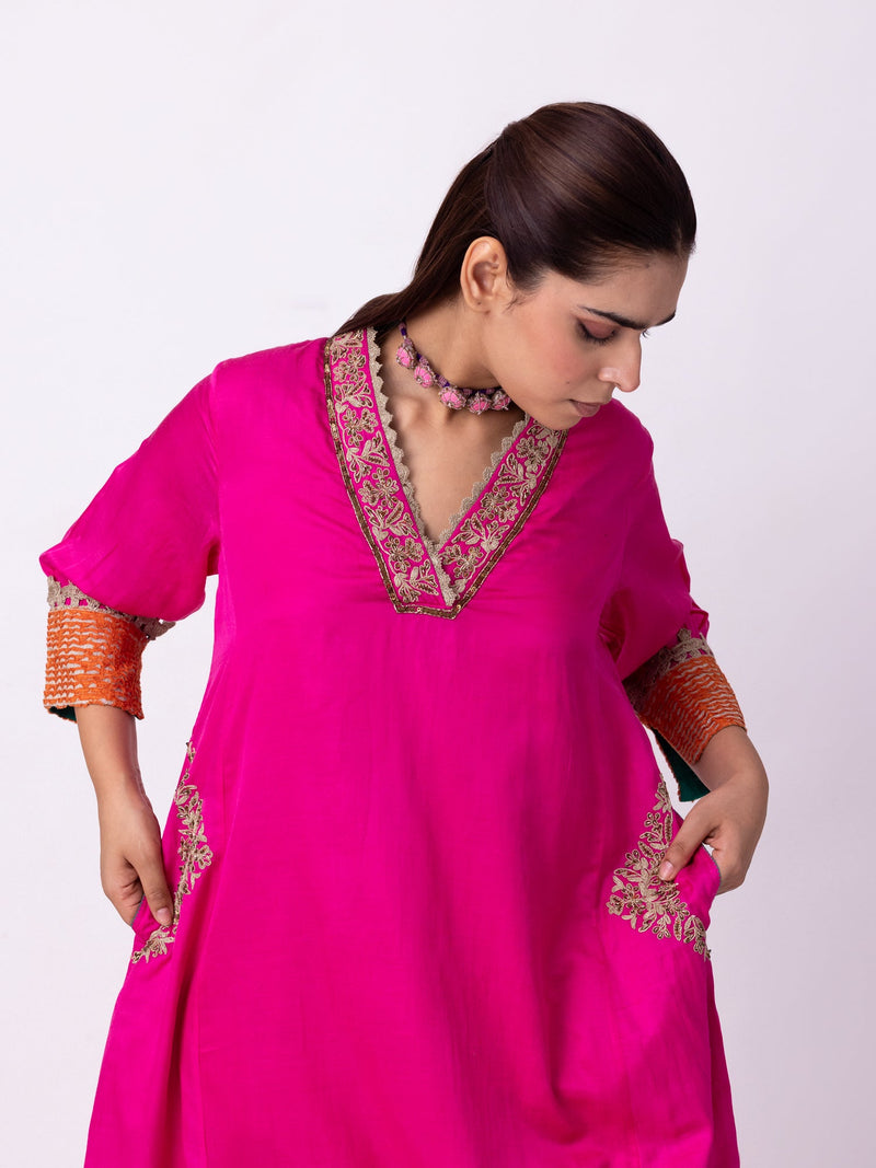 Dogri Kurta silk cotton satin kurta/kurta set by Shades of India in pink for women in Singapore