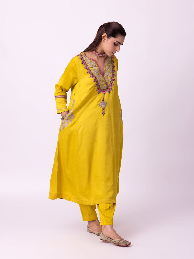 Peshwaz Kurta linen blend kurta/kurta set by Shades of India in yellow for women in Singapore