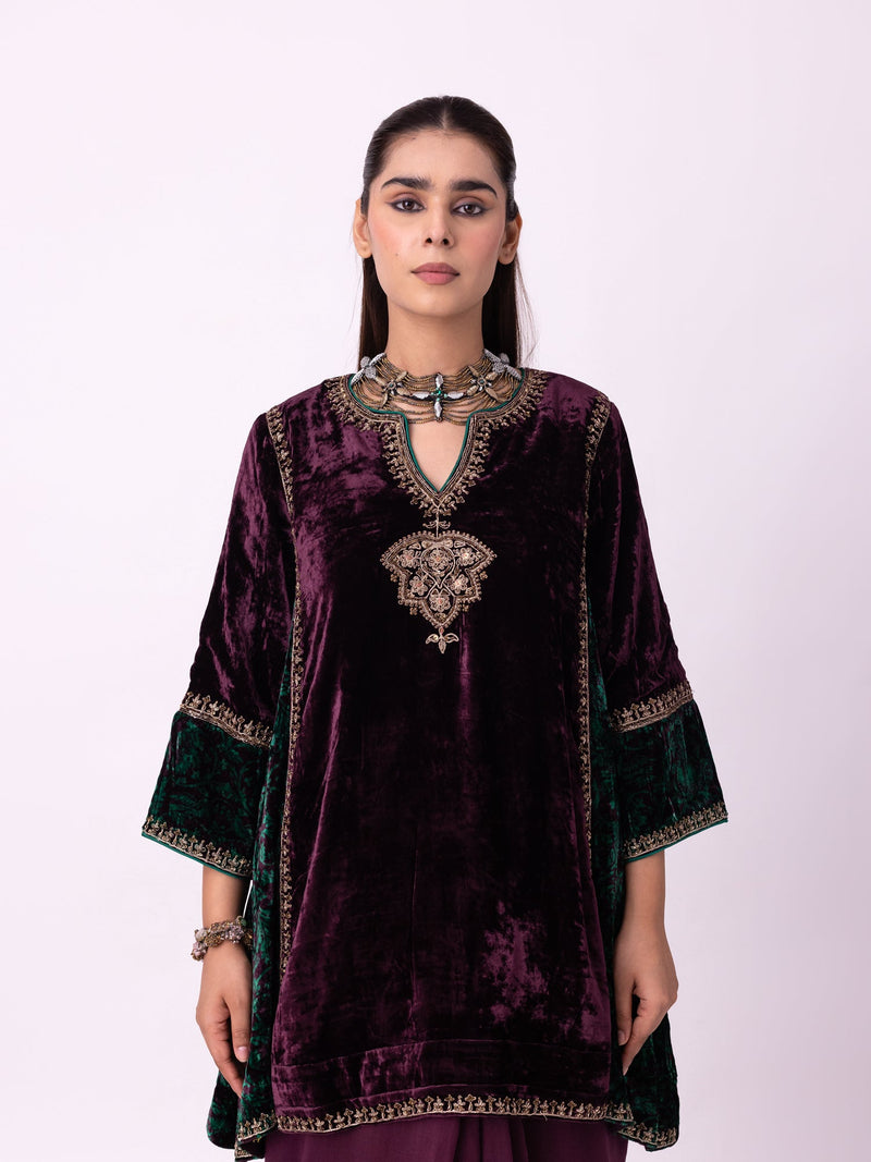 Kabeera Kurti silk velvet kurta/kurta set by Shades of India in wine for women in Singapore