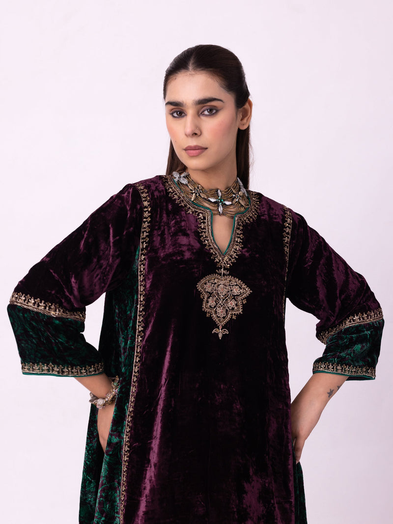 Kabeera Kurti silk velvet kurta/kurta set by Shades of India in wine for women in Singapore