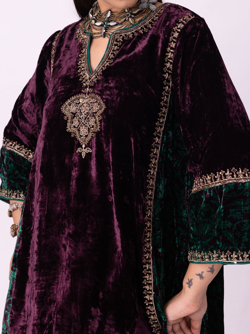 Kabeera Kurti silk velvet kurta/kurta set by Shades of India in wine for women in Singapore