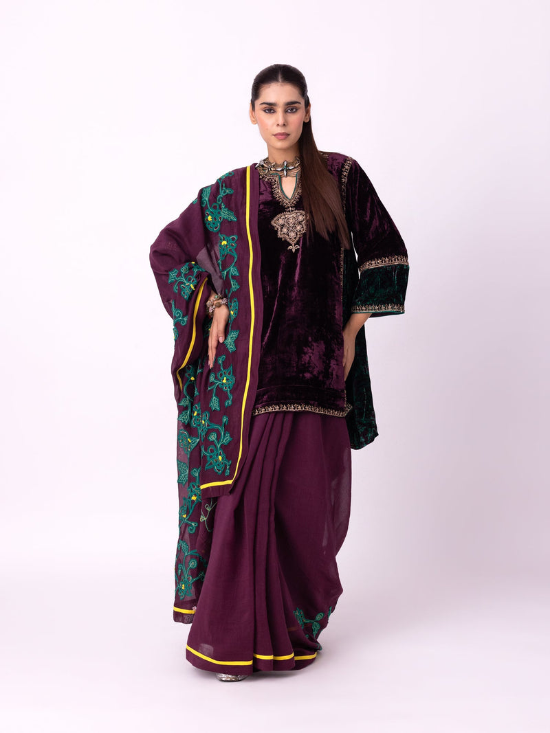 Kabeera Kurti silk velvet kurta/kurta set by Shades of India in wine for women in Singapore