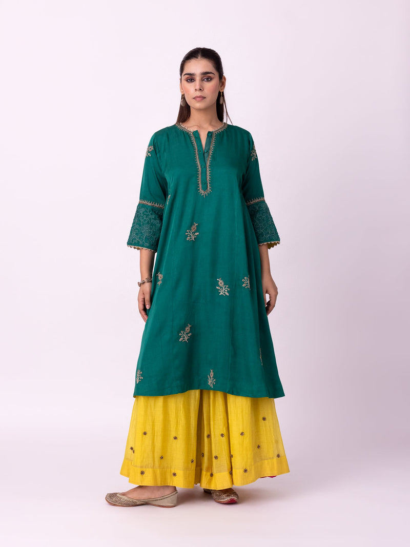 Abeer Long Kurta linen blend kurta/kurta set by Shades of India in green for women in Singapore