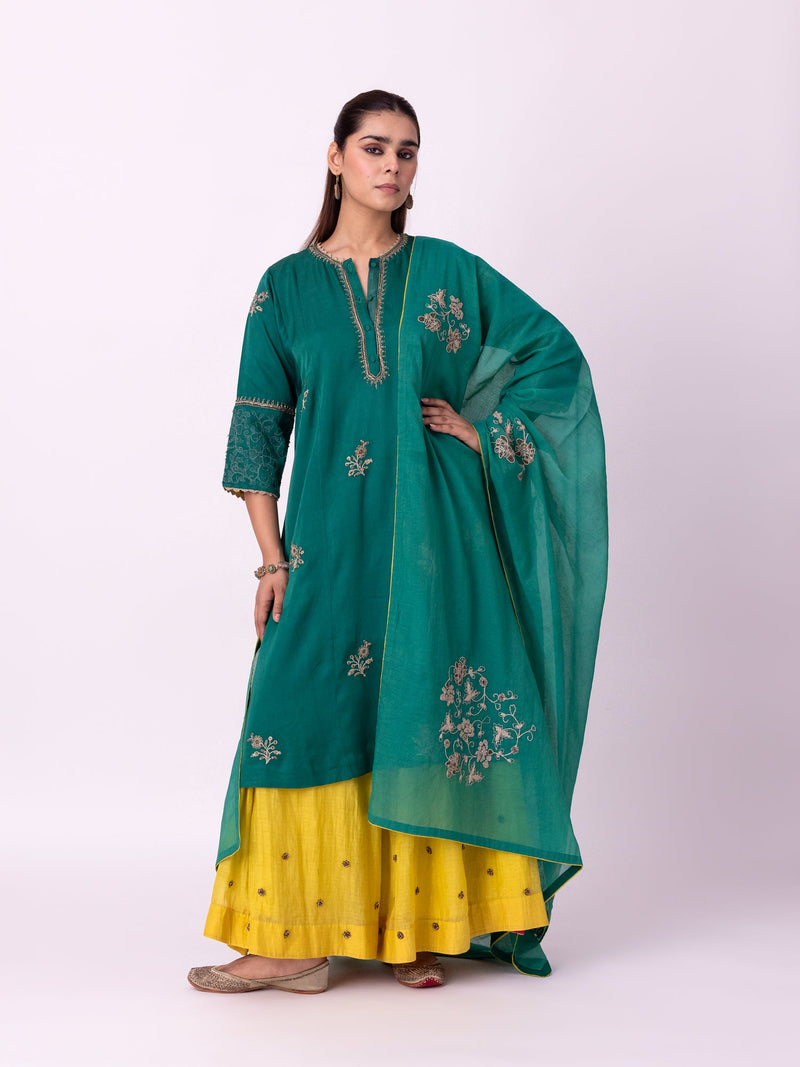Abeer Long Kurta linen blend kurta/kurta set by Shades of India in green for women in Singapore