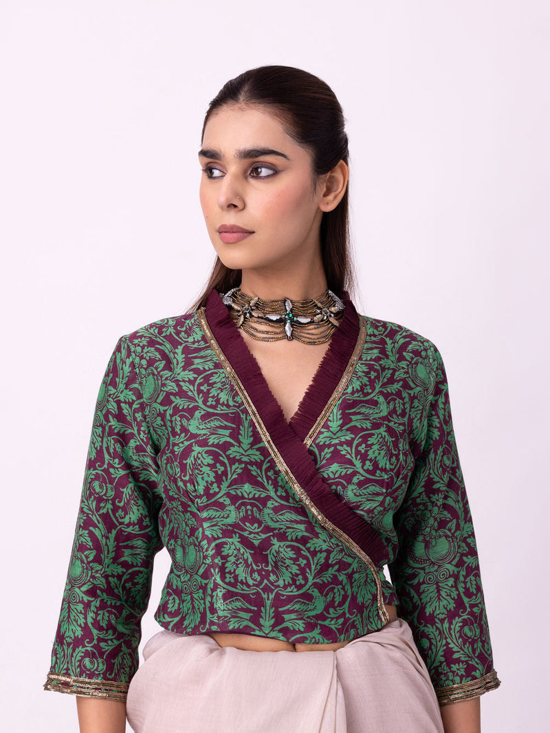 Syaahi Blouse silk blouse by Shades of India in wine-green for women in Singapore