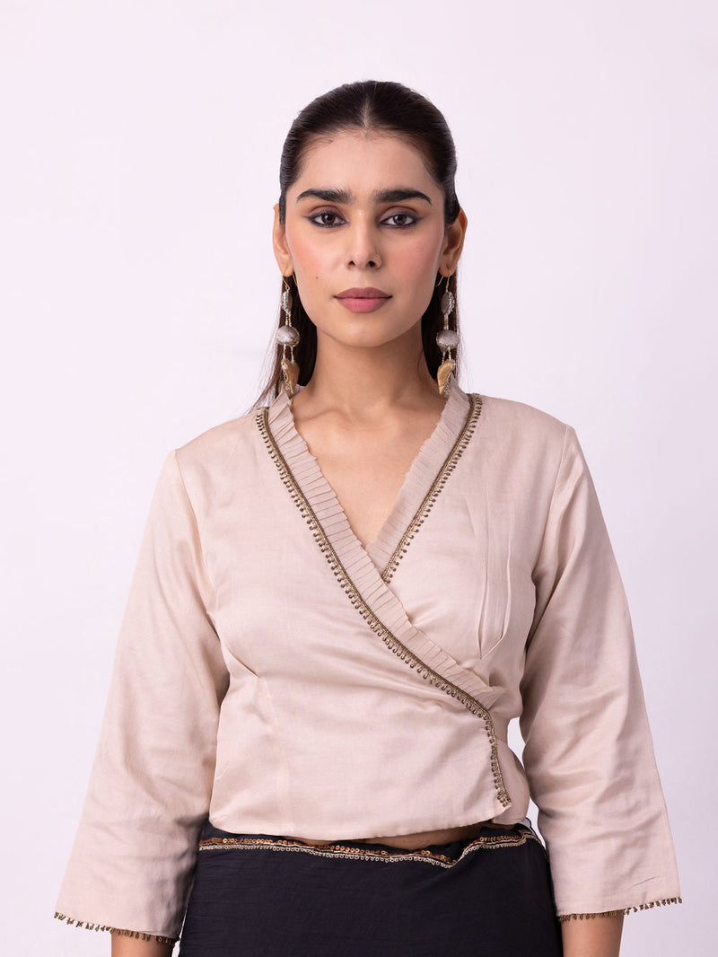 Qara Blouse silk cotton satin blouse by Shades of India in beige for women in Singapore