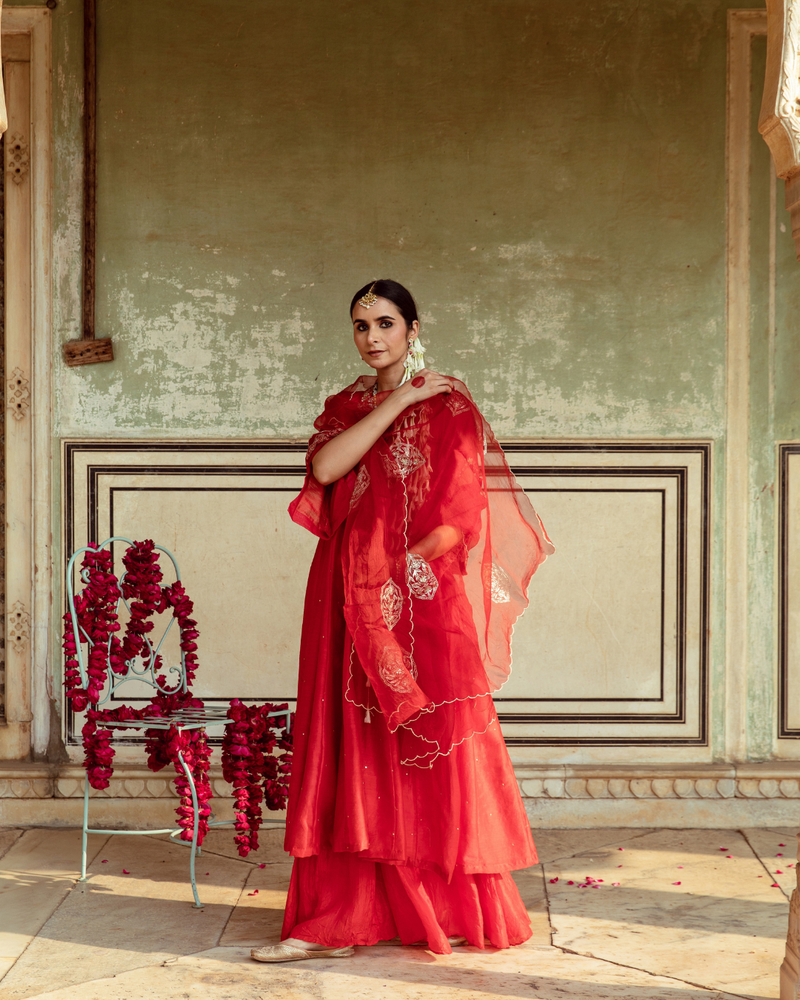 Deep Red Zari Embroidered Kalidar Set silk Buy Deep Red Zari Embroidered Kalidar Set from C&W | Kurta/Kurta Sets for Women by Maison Shefali in red color for women in Singapore