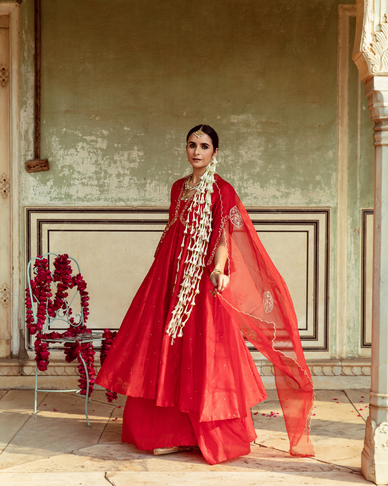 Deep Red Zari Embroidered Kalidar Set silk Buy Deep Red Zari Embroidered Kalidar Set from C&W | Kurta/Kurta Sets for Women by Maison Shefali in red color for women in Singapore