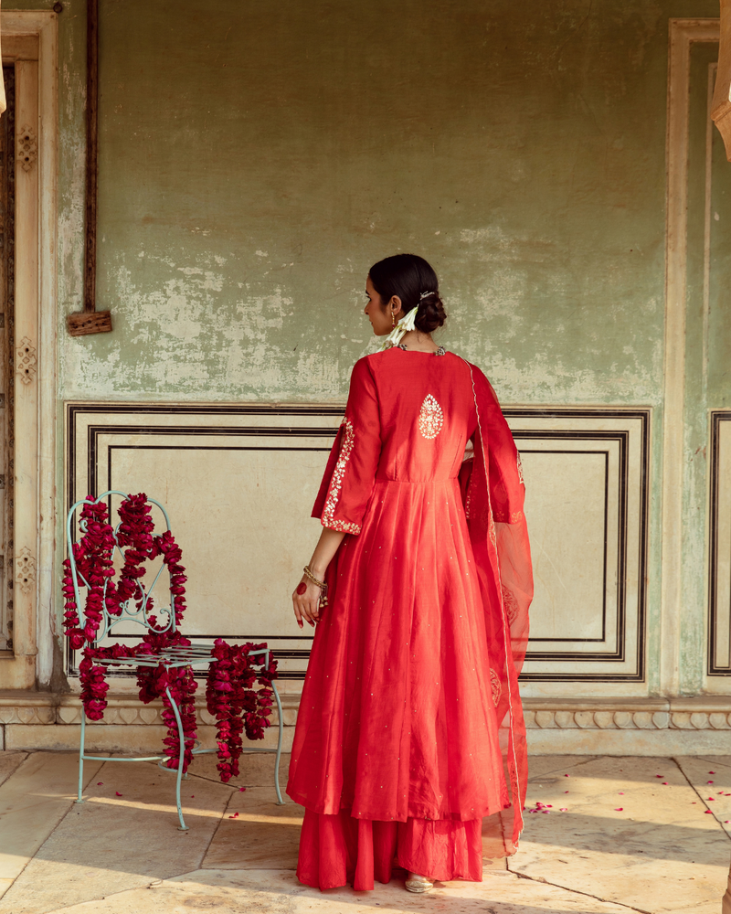 Deep Red Zari Embroidered Kalidar Set silk Buy Deep Red Zari Embroidered Kalidar Set from C&W | Kurta/Kurta Sets for Women by Maison Shefali in red color for women in Singapore