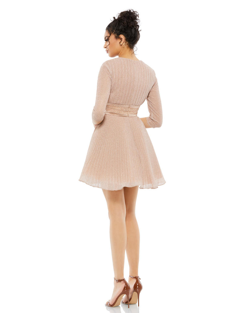 30749-Shimmer Infused Pleated Mini Dress by Mac Duggal in gold color for women in Singapore