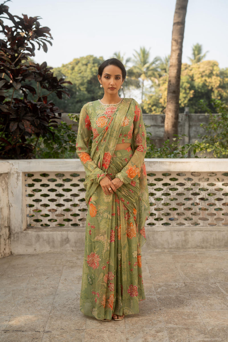 PH-3080 Saree Blouse Set-Sage Green georgette by Paulmi & Harsh in green color for women in Singapore
