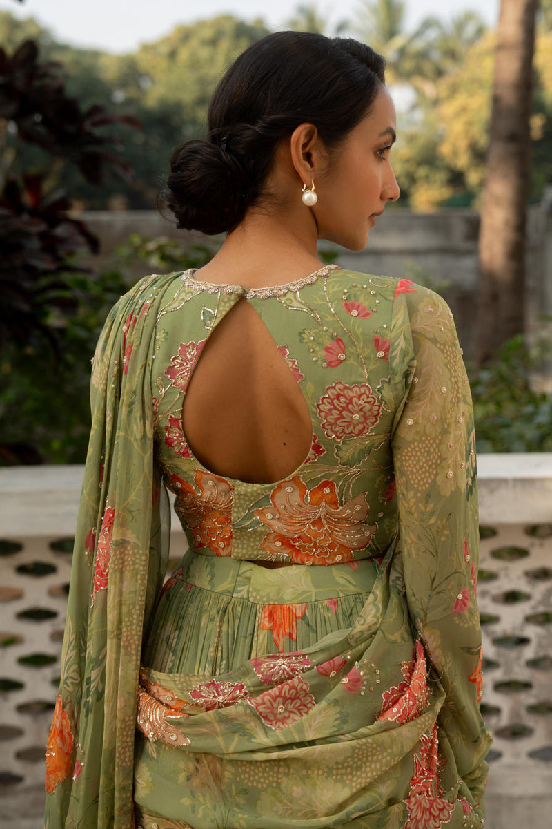 PH-3080 Saree Blouse Set-Sage Green georgette by Paulmi & Harsh in green color for women in Singapore