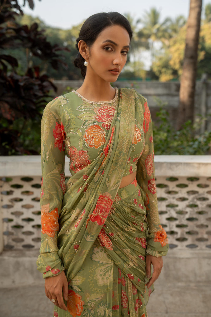 PH-3080 Saree Blouse Set-Sage Green georgette by Paulmi & Harsh in green color for women in Singapore