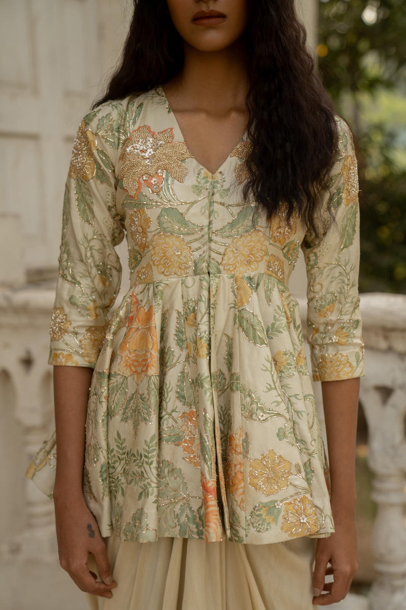 PH-3081 Peplum Skirt Set-Ivory silk by Paulmi & Harsh in ivory color for women in Singapore