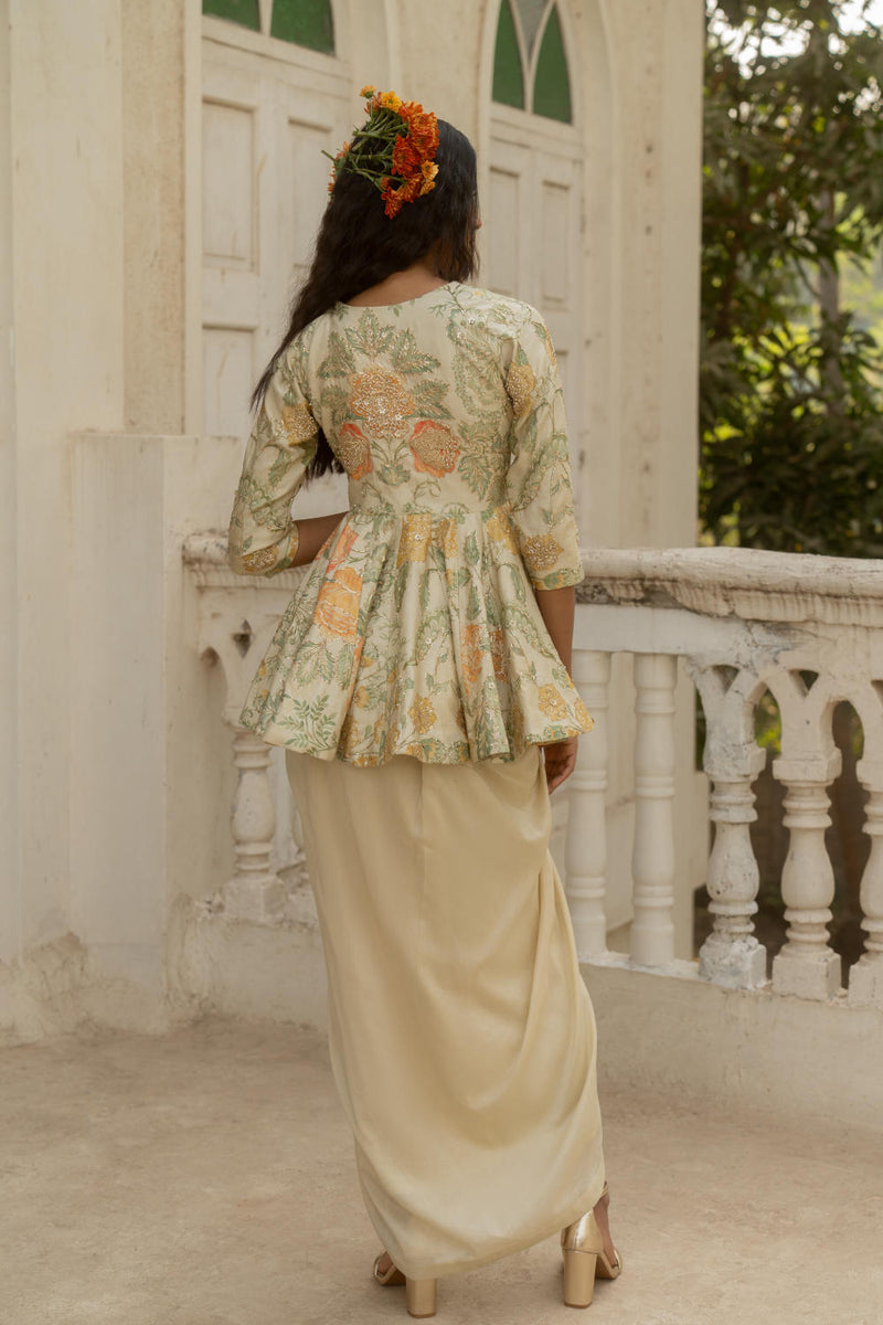 PH-3081 Peplum Skirt Set-Ivory silk by Paulmi & Harsh in ivory color for women in Singapore