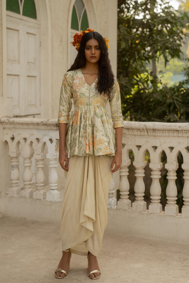 PH-3081 Peplum Skirt Set-Ivory silk by Paulmi & Harsh in ivory color for women in Singapore