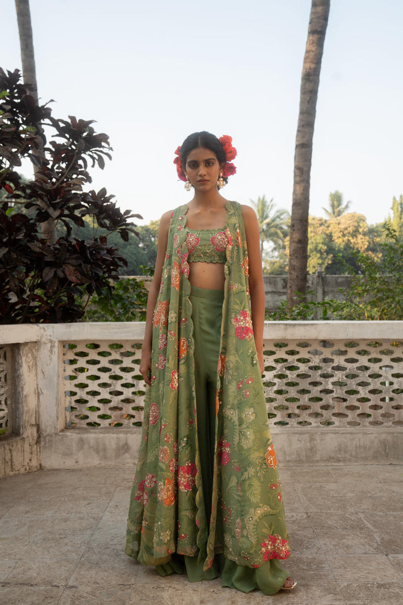 PH-3083 Jacket Palazzo Set-Sage Green organza by Paulmi & Harsh in green color for women in Singapore