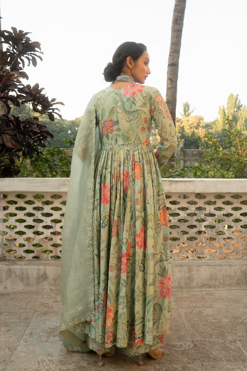 PH-3084 Anarkali Set-Sage Blue silk by Paulmi & Harsh in blue color for women in Singapore