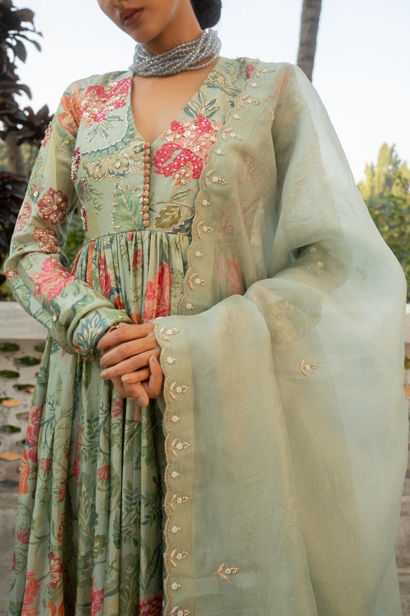 PH-3084 Anarkali Set-Sage Blue silk by Paulmi & Harsh in blue color for women in Singapore