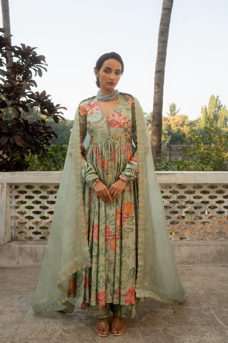 PH-3084 Anarkali Set-Sage Blue silk by Paulmi & Harsh in blue color for women in Singapore