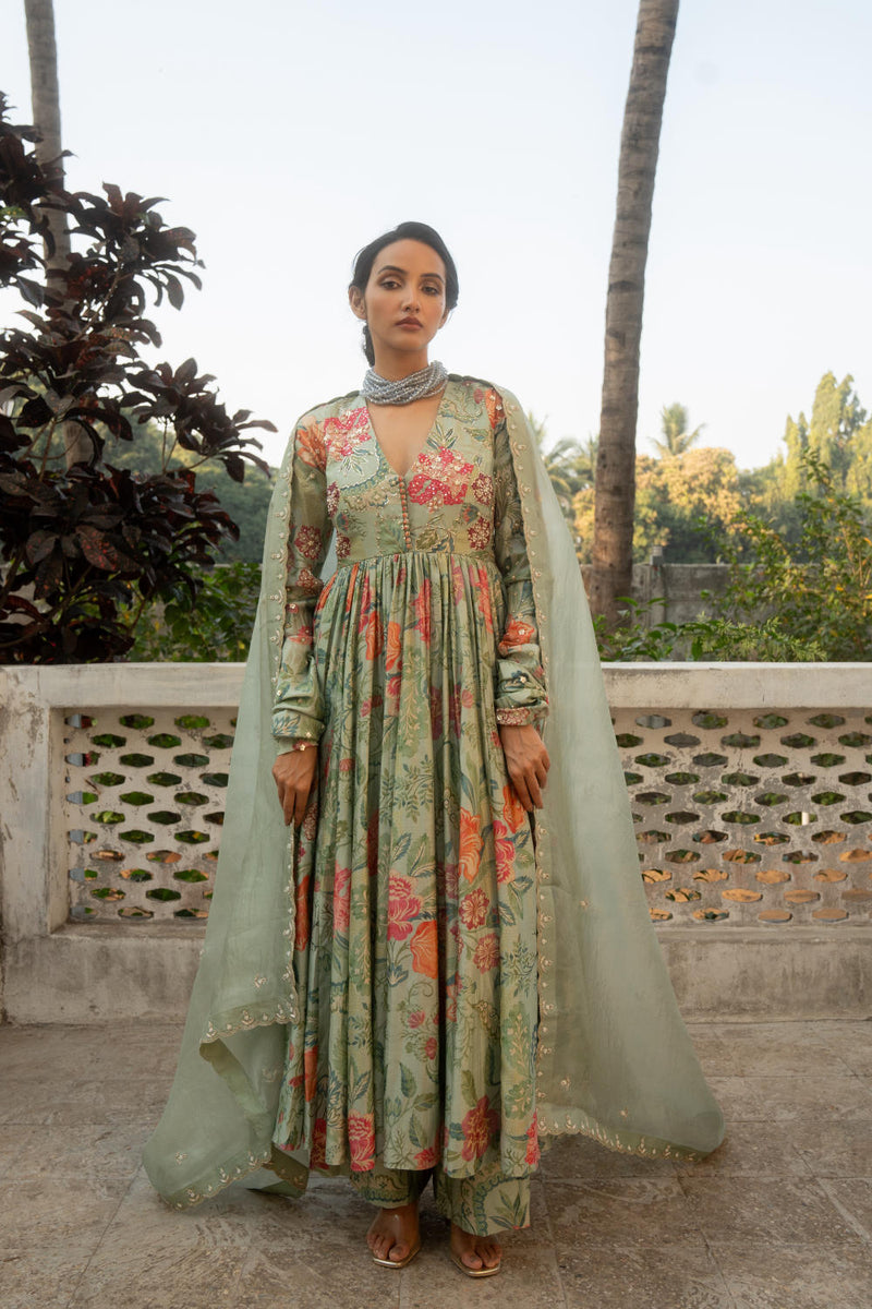 PH-3084 Anarkali Set-Sage Blue silk by Paulmi & Harsh in blue color for women in Singapore