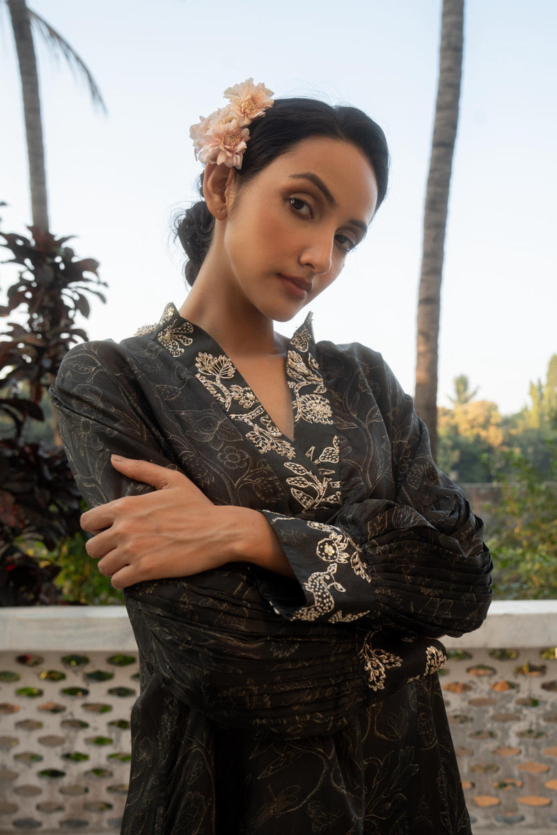 PH-3086 Kurta Set-Black silk by Paulmi & Harsh in black color for women in Singapore