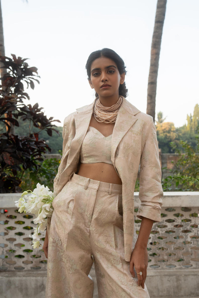 PH-3087 Blazer Pant Set-Ivory by Paulmi & Harsh in ivory color for women in Singapore