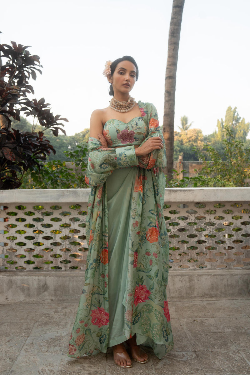 PH-3088 Skirt Jacket set-Sage Blue organza by Paulmi & Harsh in blue color for women in Singapore