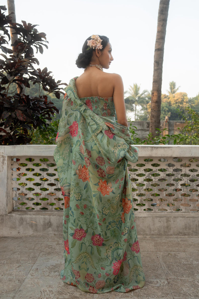 PH-3088 Skirt Jacket set-Sage Blue organza by Paulmi & Harsh in blue color for women in Singapore