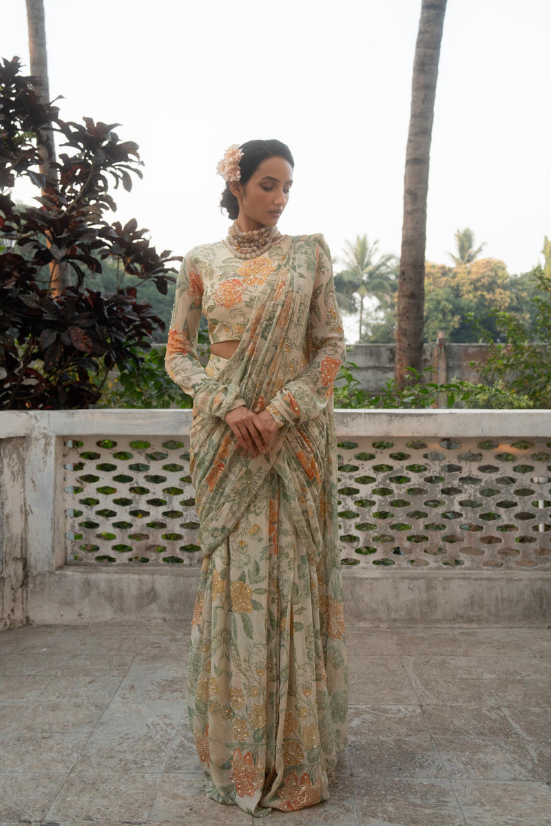 PH-3089 Saree Blouse Set-Ivory georgette by Paulmi & Harsh in ivory color for women in Singapore