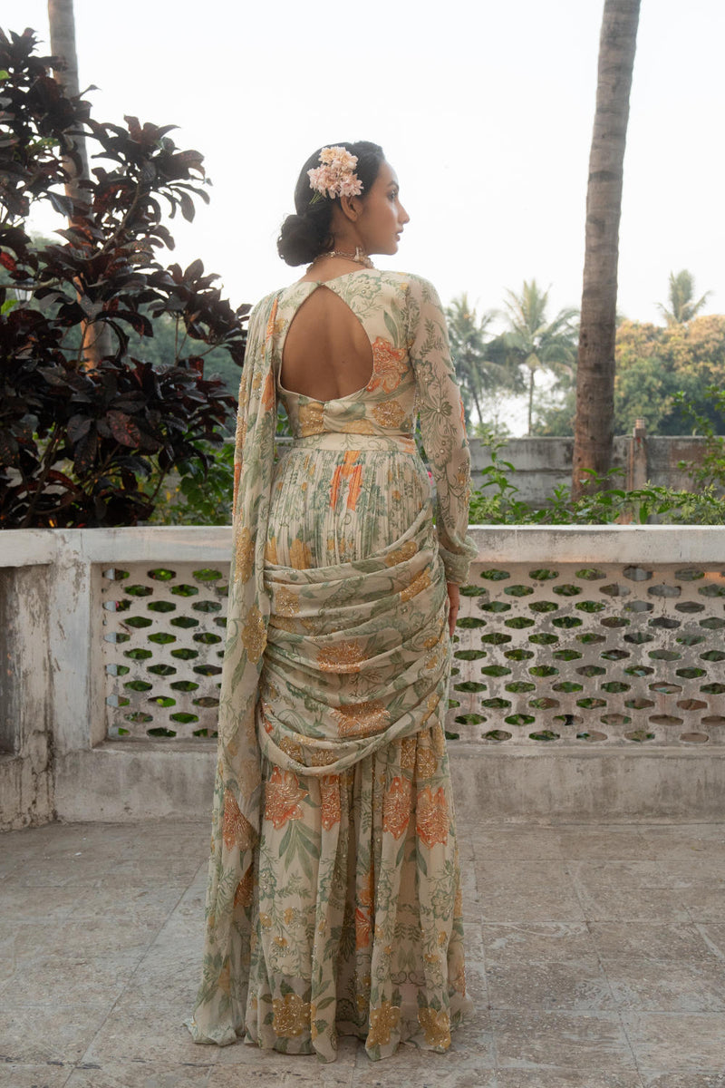 PH-3089 Saree Blouse Set-Ivory georgette by Paulmi & Harsh in ivory color for women in Singapore