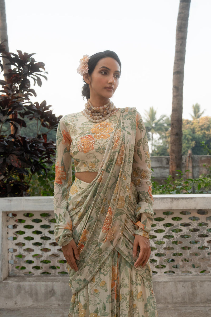 PH-3089 Saree Blouse Set-Ivory georgette by Paulmi & Harsh in ivory color for women in Singapore