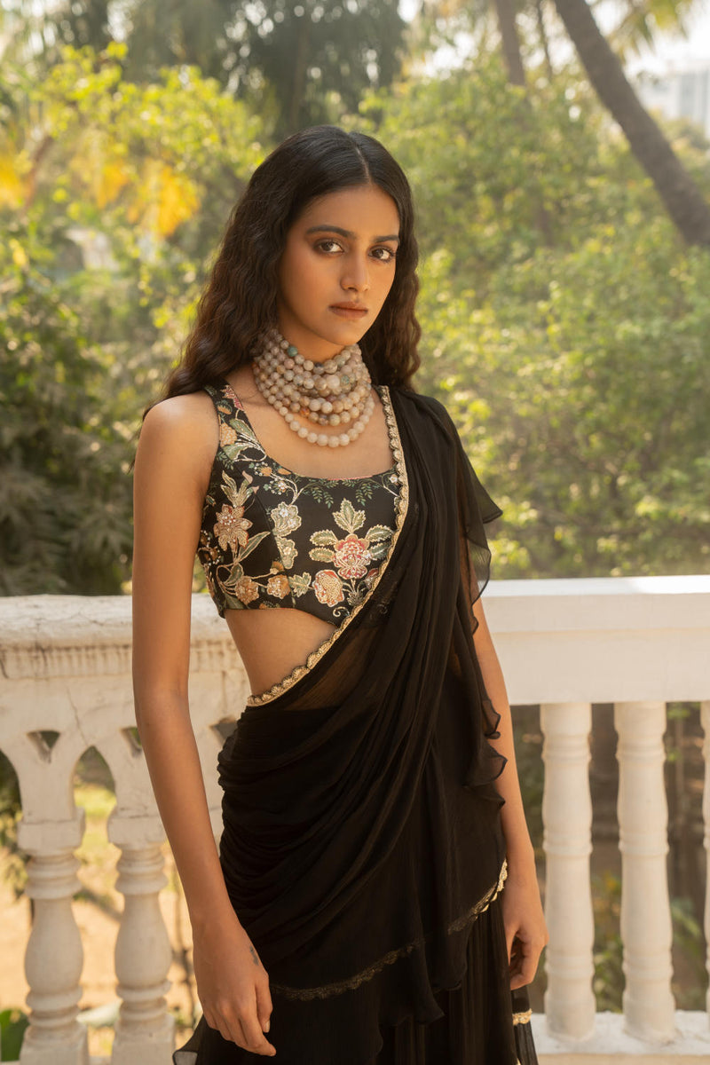 PH-3091 Saree Blouse Set-Black silk by Paulmi & Harsh in black color for women in Singapore