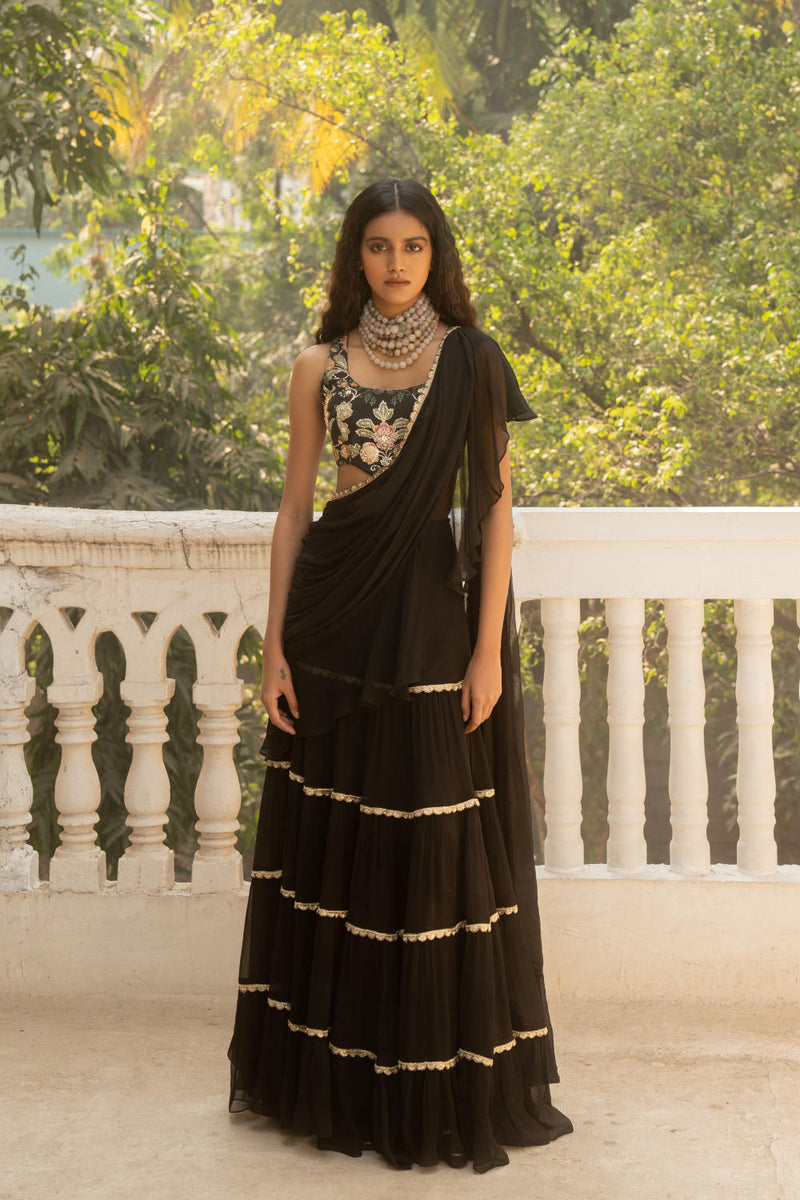 PH-3091 Saree Blouse Set-Black silk by Paulmi & Harsh in black color for women in Singapore