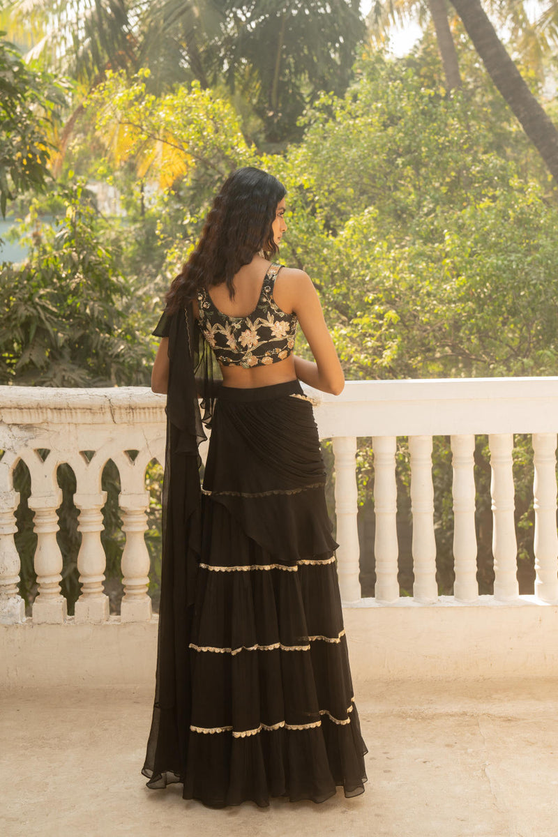 PH-3091 Saree Blouse Set-Black silk by Paulmi & Harsh in black color for women in Singapore