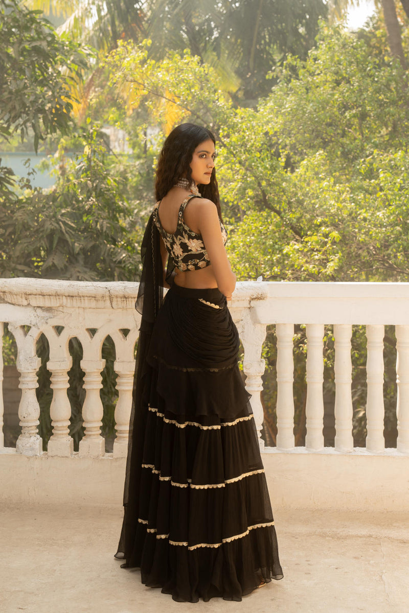 PH-3091 Saree Blouse Set-Black silk by Paulmi & Harsh in black color for women in Singapore