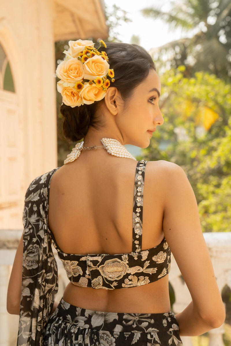 PH-3092 Saree Blouse Set-Black organza by Paulmi & Harsh in black color for women in Singapore