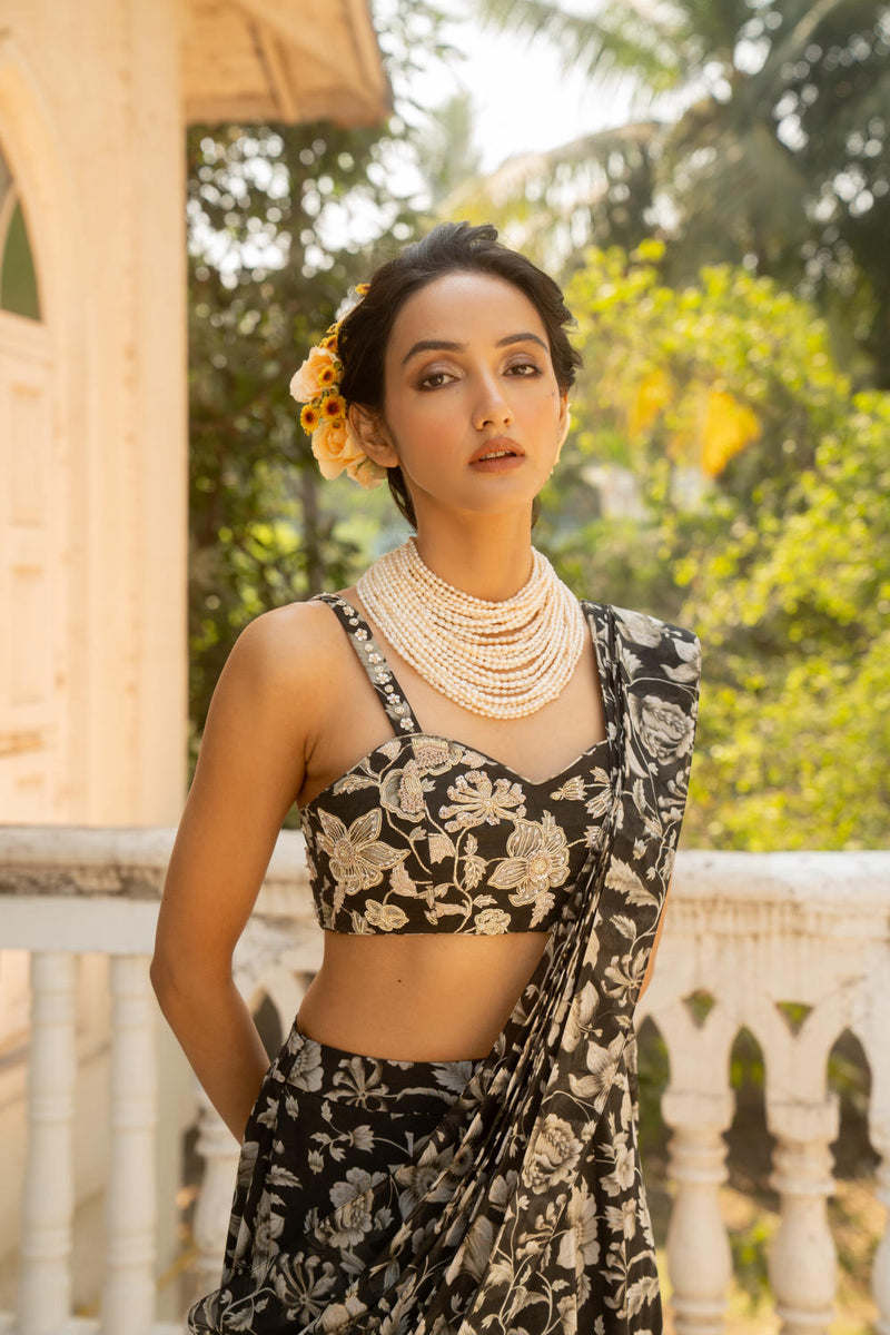 PH-3092 Saree Blouse Set-Black organza by Paulmi & Harsh in black color for women in Singapore