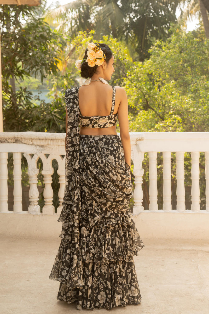 PH-3092 Saree Blouse Set-Black organza by Paulmi & Harsh in black color for women in Singapore