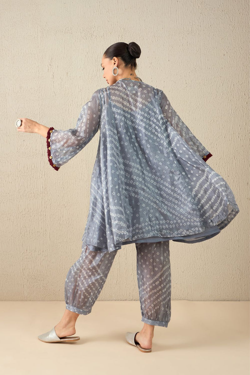 AFGHANI BANDHANI SET - Light Grey silk by Aavidi in yellow color for women in Singapore